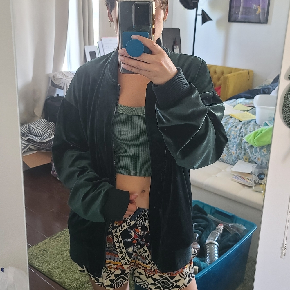 Dark green velvet bomber jacket
